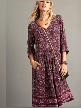Garnet Hill Boho Floral Pocket Lined Midi Dress Sz 16 V-Neck in Purple multi
